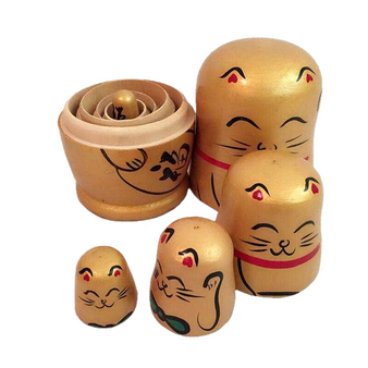 Gold Fortune Cat Matryoshka Nesting Dolls 5 Pieces