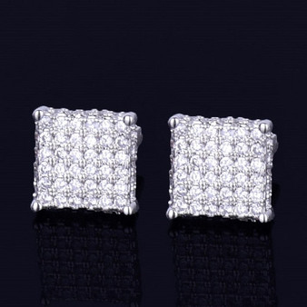 8MM Iced Out Small Square Stud Earrings With Charm Screw Back