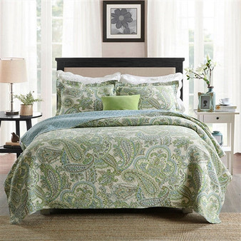 Queen 3-Piece 100-Percent Cotton Bedspread Quilt Set with Green Paisley Pattern