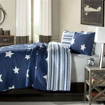 Full / Queen Quilt Navy Stars And Stripes At Night Coverlet Bedspread Set