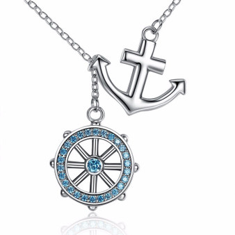 925 Sterling Silver Blue Anchor & Rudder Pendant Necklace