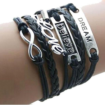 Dream Believe Love Infinity Black Leather Bracelet