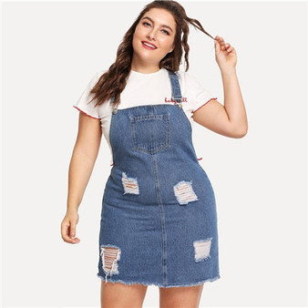 Distressed Denim Overall Plus Size Casual Denim Dress