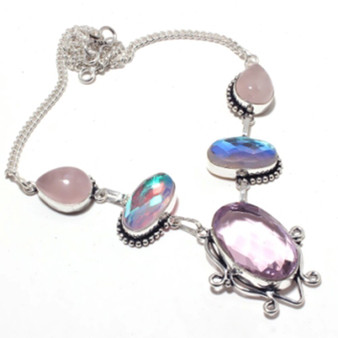 Rose Quartz, Peach Topaz & Rainbow Topaz Antique Silver Necklace