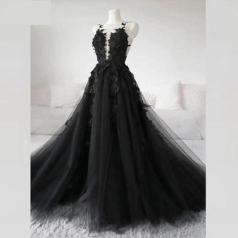 Gothic Black Long Tulle Wedding Dress Sexy Bridal Gown Plus Size