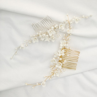 Handmade White Porcelain Flower Wedding Hair Comb Vine With Pearls