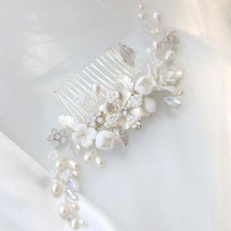 Handmade White Porcelain Flower Wedding Comb Hair Piece With Pearls