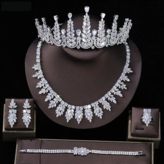 Luxury Zircon Wedding Bridal Jewelry Sets Tall Tiara Queen Crown Necklace Bracelet Earrings Sets