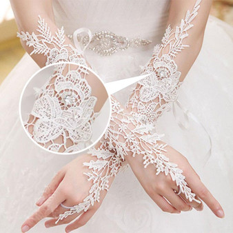 Elegant White Lace Crystal Bridal Wedding Gloves