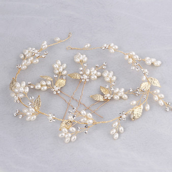 Gold Leaf Pearls Hair Vine Bridal Headband Wedding Hair Accessories