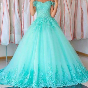 Turquoise Quinceañera Dress Tulle Off The Shoulder Appliques Lace Ball Gown