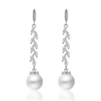 Cubic Zirconia Crystal Leaf Long Drop Earrings With Imitation Pearls