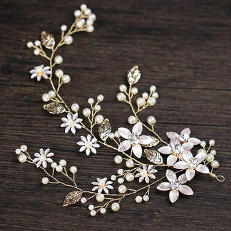 Gold Flower Crystal Pearl Bridal Headband Hair Vine Wedding Tiara