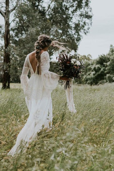 Boho  Long Sleeve Lace Wedding Dress V  Neck Backless Bridal Gown