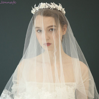 Porcelain Flower Wedding Crown Bridal Hair Tiara Silver Color Leaf Headpiece
