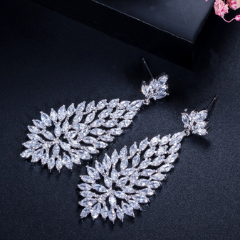 Cubic Zirconia Stones Jewelry Silver Big Blooming CZ Earrings