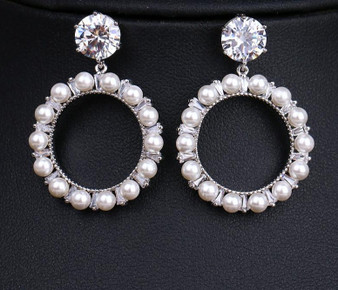 Round Cubic Zirconia Crystal & Pearl Bridal Earrings Wedding Jewelry