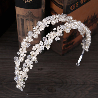 Double Row Pearl Crystal Beads Headbands Tiara Princess Bridal Wedding Crown Hair Jewelry