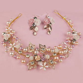 Gold Color Handmade Flower Pearl Crystal Headband Bridal Hair Accessories