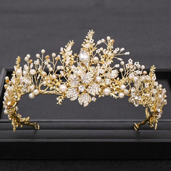 Trendy Handmade  Baroque Rhinestone Pearl Crystal Wedding Bridal Crown Hair Accessory