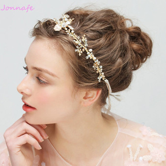 Gold Boho Leaf Hair Crown Wedding Headband Rhinestone Bridal Hair Vine Accessory