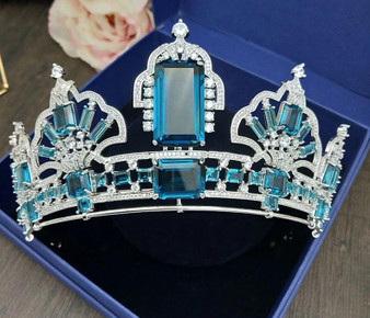 Vintage Paved Cubic Zircon Crown Tiaras Blue Crystal Wedding Hair Accessories