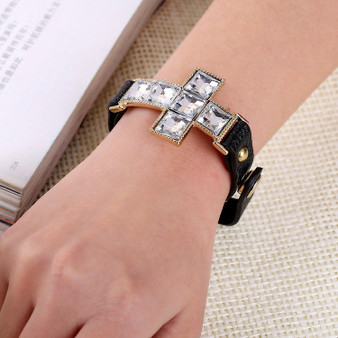 Glam Punk Leather Bracelet with Wide Cross