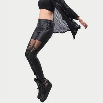 Faux Leather Leggings with Lace/Lace Up Decoration