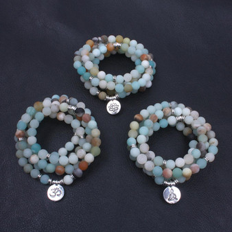 Matte Frosted Amazonite Beads Bracelet or Necklace | with OM, Lotus, and Buddha,