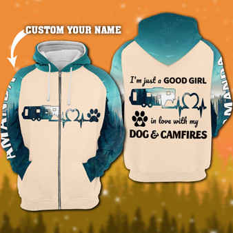 Camping Lovers Gift A Good Girl In Love With Dog And Campfire 3D Custom Hoodie