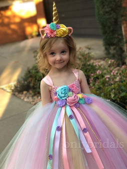 onlybridals Girls Pastel Unicorn Flower Tutu Dress Kids Crochet Tulle Strap Dress Ball Gown with Daisy Ribbons Children Party Costume Dress