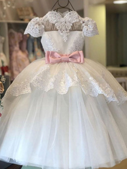 onlybridals Popular Lace & Tulle Scoop Neckline Tea-length Ball Gown Flower Girl Dresses