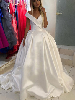 onlybridals Simple Wedding Dresses Aline V-neck Open Back Long Train Satin Classic Bridal Gown