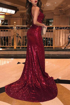 V-Neck Sleeveless Side Slit Sequins Burgundy Mermaid Prom Dresses,MP461