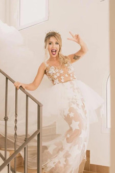 Unique See Through Ivory Stars Lace Pattern Bridal Dress Edgy Wedding Dresses,MW372