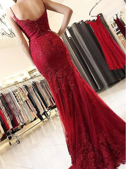 Spaghetti Straps Burgundy Spaghetti Straps Mermaid Long Lace Prom Dress,MP478