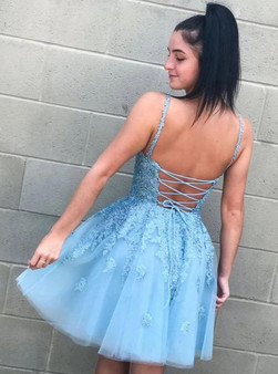Spaghetti Strap Lace Tulle Light Blue Homecoming Dress Open Back Hoco Dress,MH505