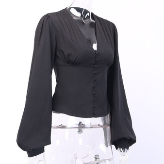 Deep V-Neck Black Button Lantern Long Sleeve