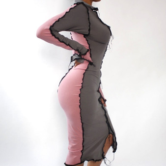 Long Sleeve Patchwork Irregular Skinny Midi Dress