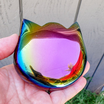 Rainbow Black Obsidian Cat Head