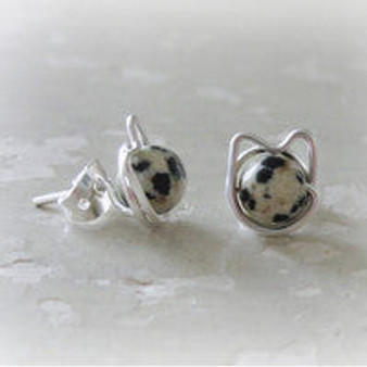 Dalmatian Jasper + Sterling Silver Cat Stud Earrings