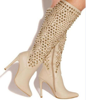 Gold Rivet Knee High Leather Boots