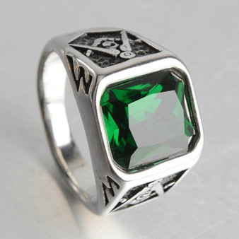 Masonic Ring<br> Green Gemstone Silver