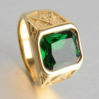 Masonic Ring<br> Green Gemstone Gold