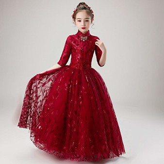 Girls' dress, western style, flower girl princess dress, host catwalk, puffy yarn, children's piano costume, red spring and summer-Alibaba