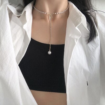 Kpop Fashion Pearl Choker Necklace Women Cute Girl Gold color Double Layer Chain Pearl Pendant Korean Jewelry Woman 2020 Collar
