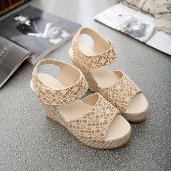 Women Sandals 2018 New Summer Fashion Lace Hollow Gladiator Wedges Shoes Woman Slides Peep Toe Hook & Loop Solid Lady Casual