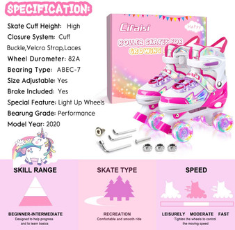 Roller Skates for Girls and Kids, 4 Sizes Adjustable Roller Skates with Light up Wheels