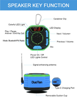 DuoTen Shower Speaker, IPX7 Waterproof Portable Bluetooth Speakers with Loud Stereo