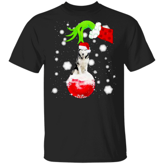 Husky Green Hand Holding Shirt Cute Dog Christmas Graphic Tee Xmas Gift For Dog Lover